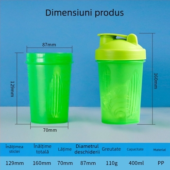 Shaker pentru milkshake 400 ml – recipient plastic transparent, portabil, pentru amestecarea pudrei de proteine