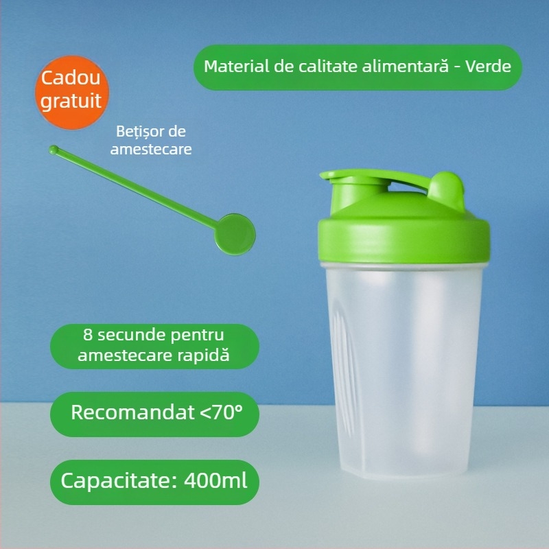 Shaker pentru milkshake 400 ml – recipient plastic transparent, portabil, pentru amestecarea pudrei de proteine