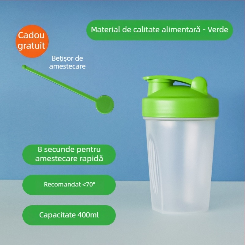 Shaker pentru milkshake 400 ml – recipient plastic transparent, portabil, pentru amestecarea pudrei de proteine