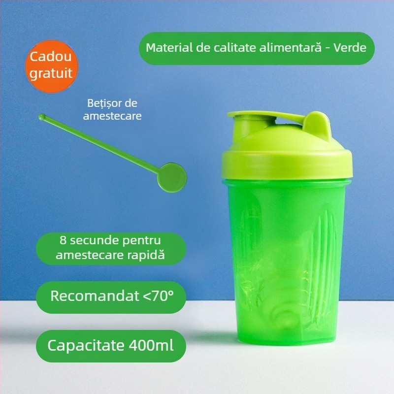 Shaker pentru milkshake 400 ml – recipient plastic transparent, portabil, pentru amestecarea pudrei de proteine