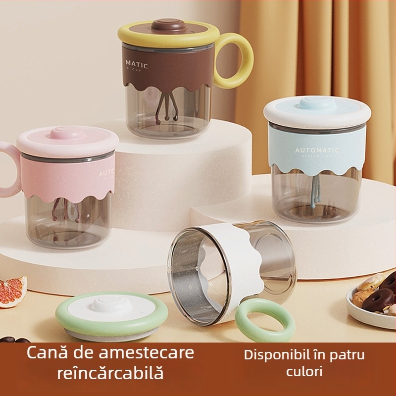 Cana automată de amestec cu capac, shaker portabil din oțel inox pentru pudră de lapte și cafea, reîncărcabilă, izolație termică peste 24 de ore