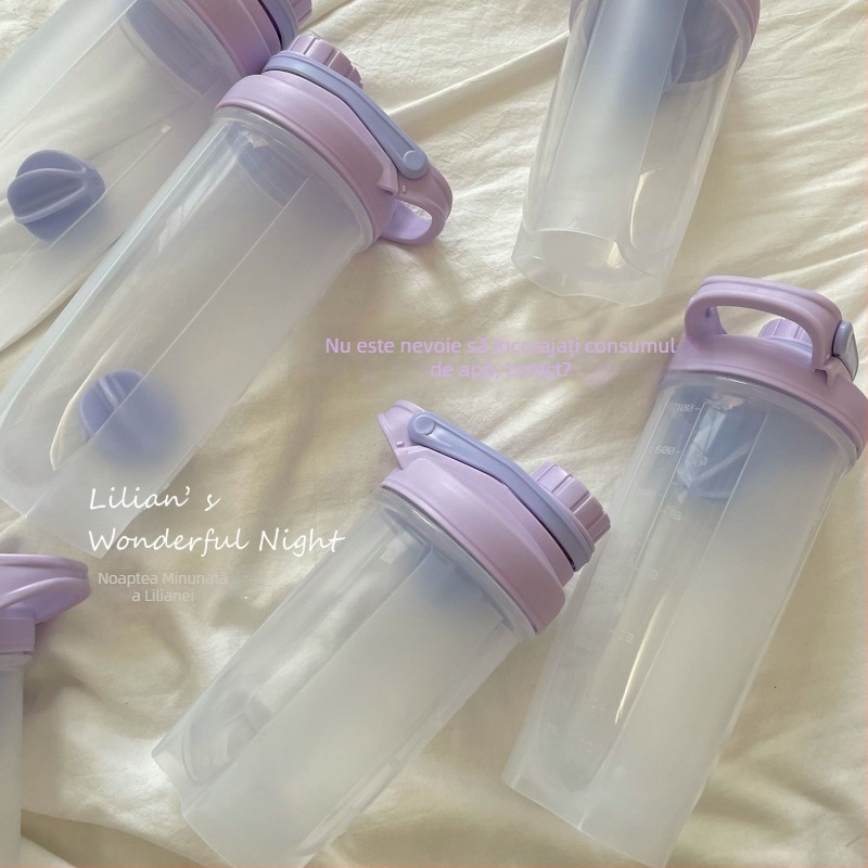 Shaker crem-mov, recipient din plastic transparent, capacitate mare, cu scară de măsurare, portabil, ideal pentru vară și elevi
