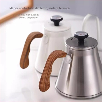 Ceainic din oțel inoxidabil 304, 1L, stil european, cu capac și controlul temperaturii, pentru preparare cafea turnată manual și utilizare în aer liber cu flacără deschisă
