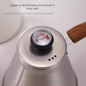 Ceainic din oțel inoxidabil 304, 1L, stil european, cu capac și controlul temperaturii, pentru preparare cafea turnată manual și utilizare în aer liber cu flacără deschisă