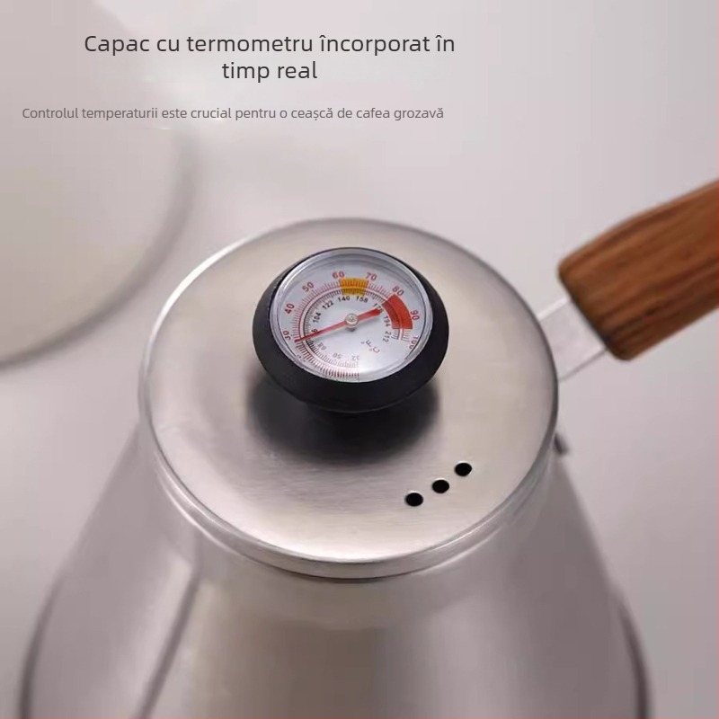 Ceainic din oțel inoxidabil 304, 1L, stil european, cu capac și controlul temperaturii, pentru preparare cafea turnată manual și utilizare în aer liber cu flacără deschisă
