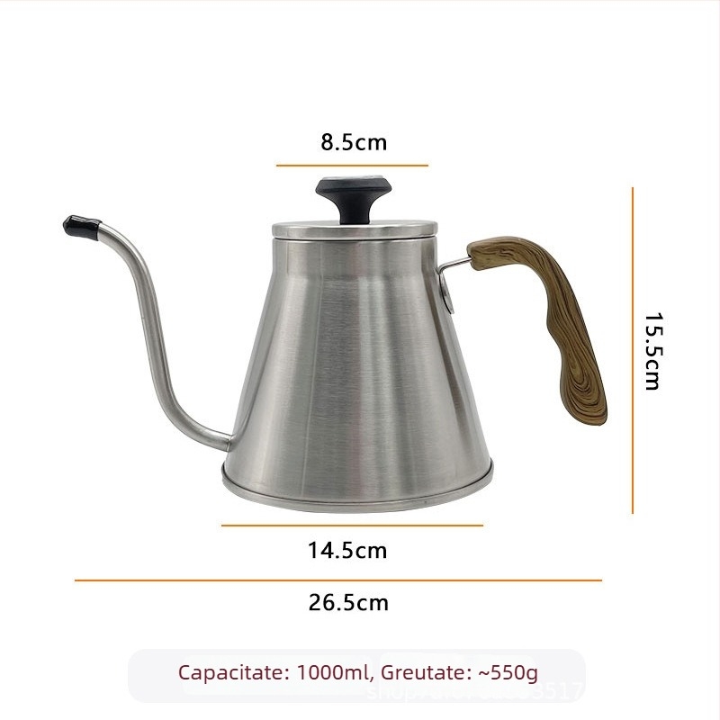 Ceainic din oțel inoxidabil 304, 1L, stil european, cu capac și controlul temperaturii, pentru preparare cafea turnată manual și utilizare în aer liber cu flacără deschisă