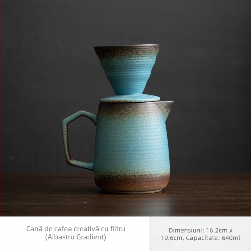 Set ceramic pentru prepararea cafelei prin turnare manuală, cu cană-filtru – stil vintage
