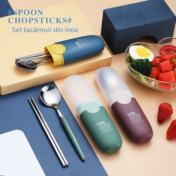 Set tacâmuri din oțel inox 304 pentru copii – lingură și bețișoare, portabil pentru călătorii, logo personalizabil