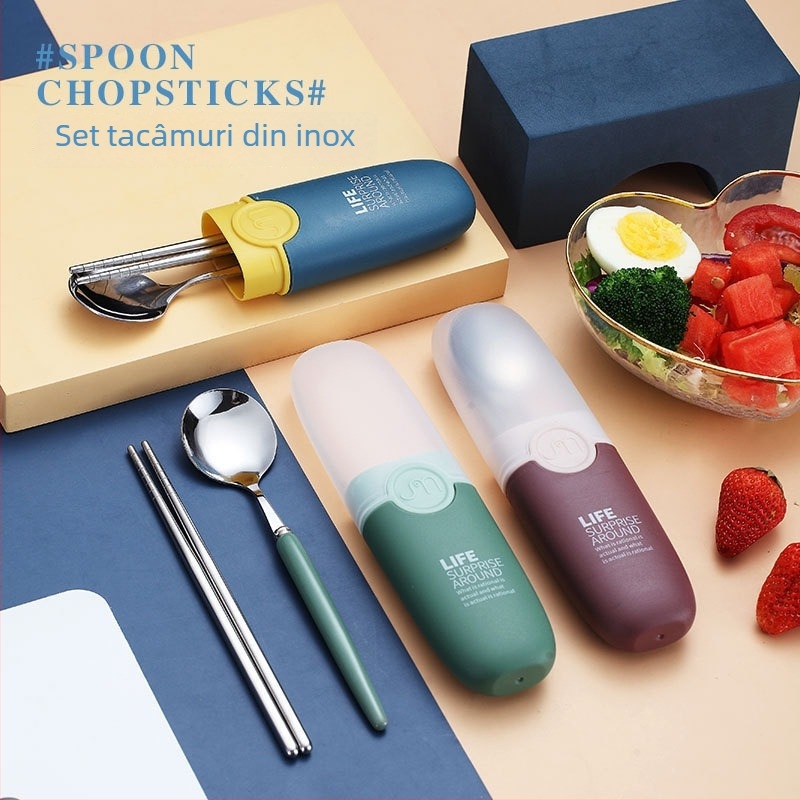 Set tacâmuri din oțel inox 304 pentru copii – lingură și bețișoare, portabil pentru călătorii, logo personalizabil