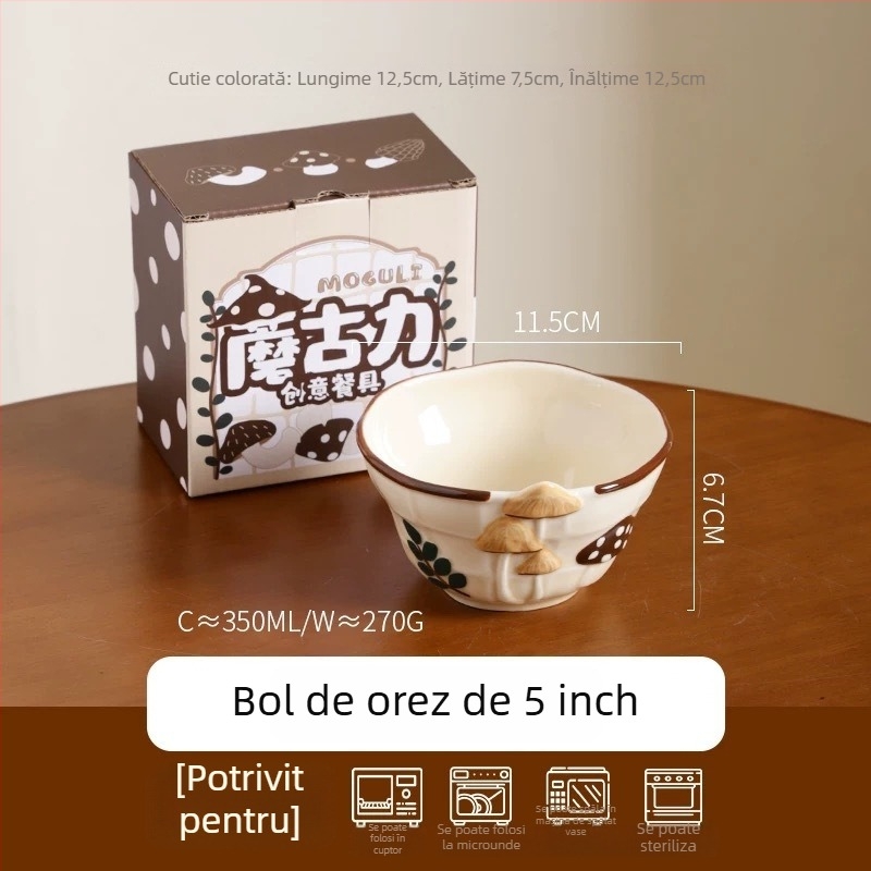 Set ceramic cu ciuperci creativ: bol de supă drăguț, farfurie de masă, bol pentru orez și tavă de copt