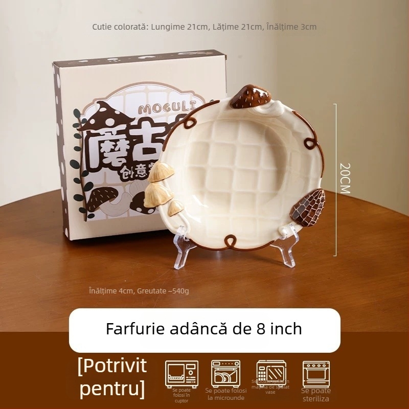 Set ceramic cu ciuperci creativ: bol de supă drăguț, farfurie de masă, bol pentru orez și tavă de copt