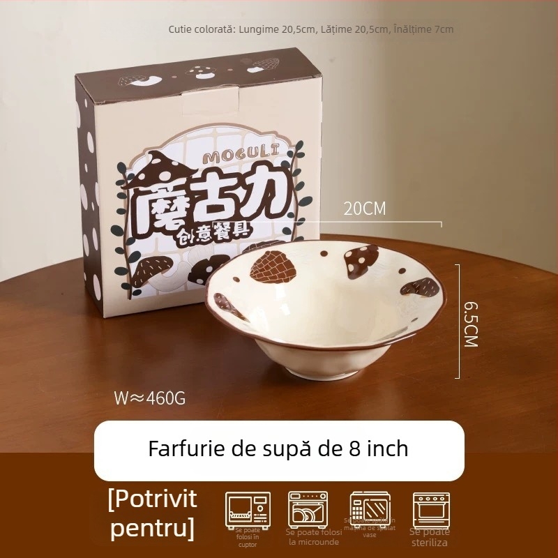 Set ceramic cu ciuperci creativ: bol de supă drăguț, farfurie de masă, bol pentru orez și tavă de copt