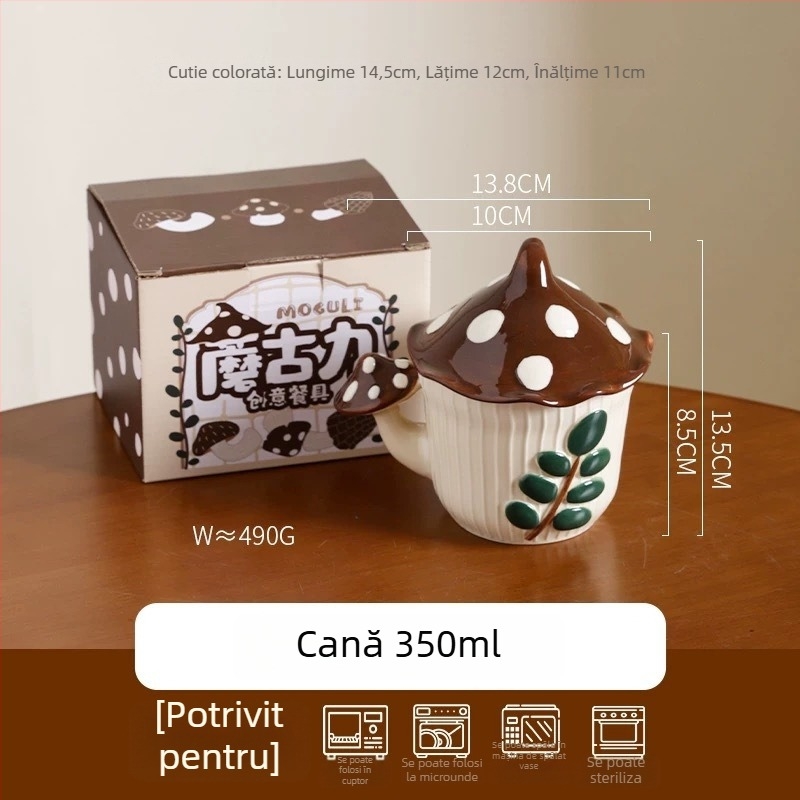 Set ceramic cu ciuperci creativ: bol de supă drăguț, farfurie de masă, bol pentru orez și tavă de copt
