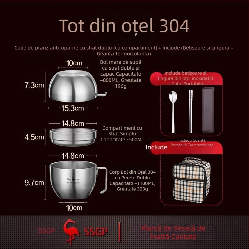 SSGP 304 oțel inoxidabil bol pentru noodles cu capac – cutie de prânz mare pentru cămin