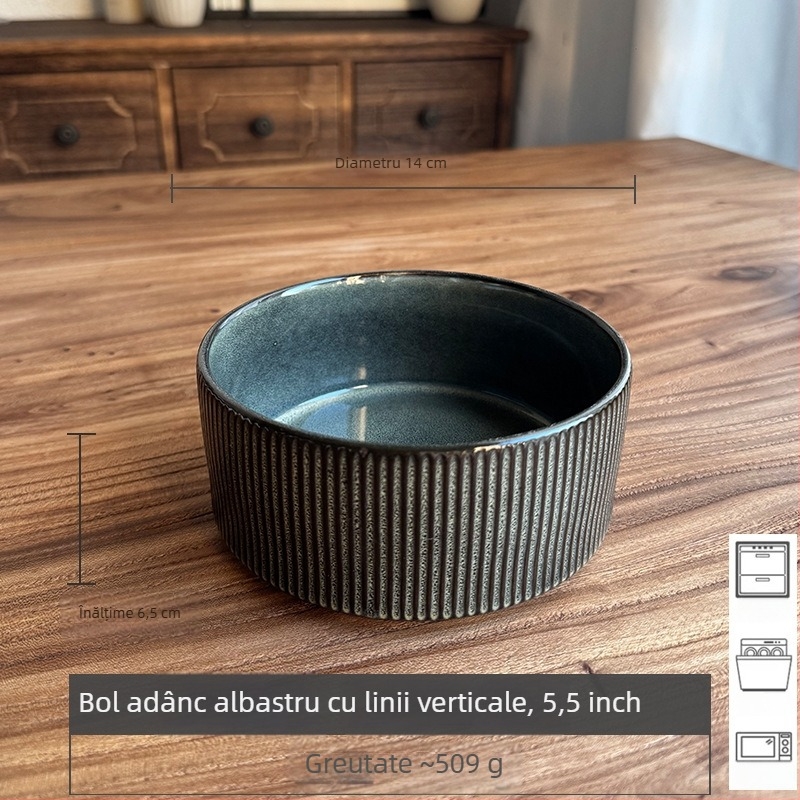 Veselă ceramică albastru închis, stil european vintage, cu relief, 18 piese, include farfurii de servire, farfurii plate, boluri de supă și farfurioare, cu defecte minore