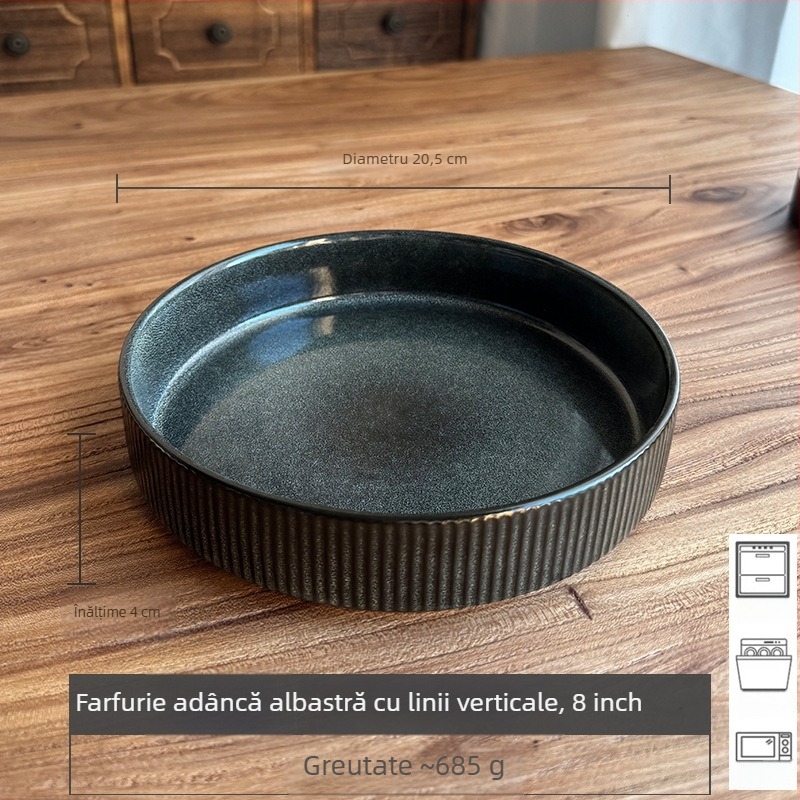 Veselă ceramică albastru închis, stil european vintage, cu relief, 18 piese, include farfurii de servire, farfurii plate, boluri de supă și farfurioare, cu defecte minore