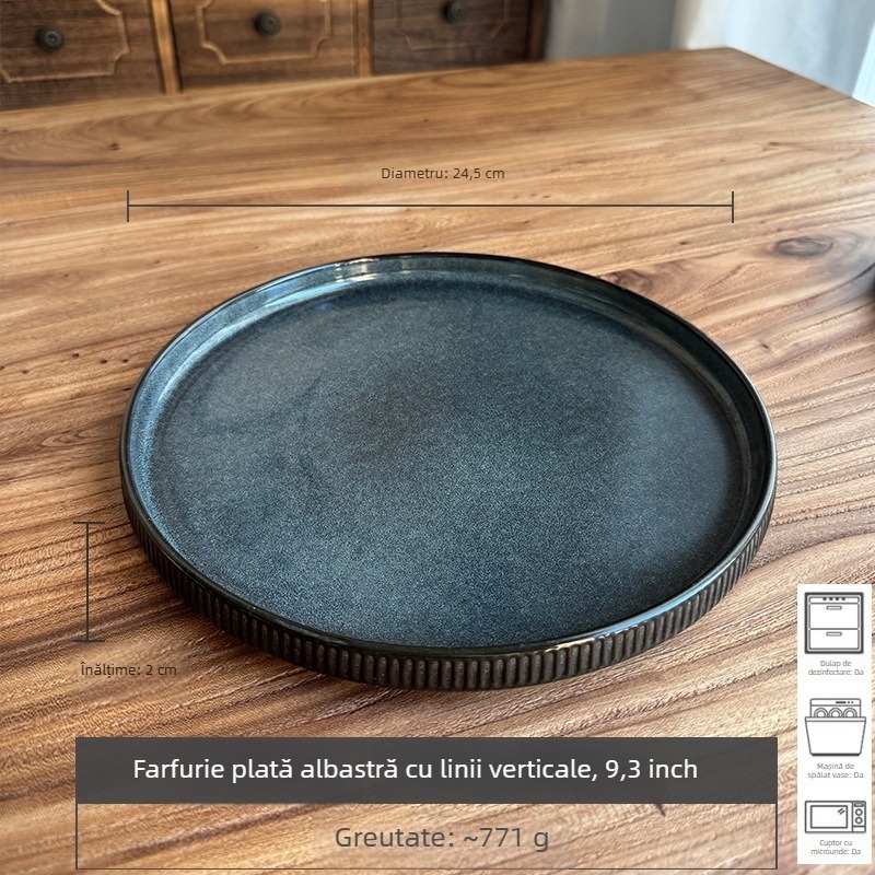 Veselă ceramică albastru închis, stil european vintage, cu relief, 18 piese, include farfurii de servire, farfurii plate, boluri de supă și farfurioare, cu defecte minore