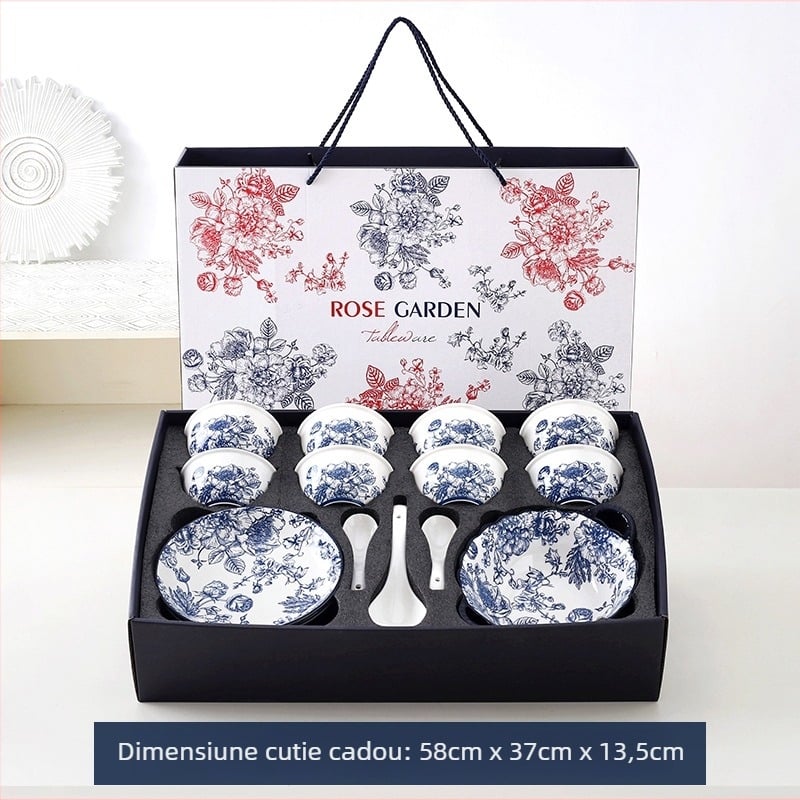 Set de boluri din porțelan cu trandafiri albaștri în cutie cadou, veselă de masă modern minimalistă, 330 ml, lux discret