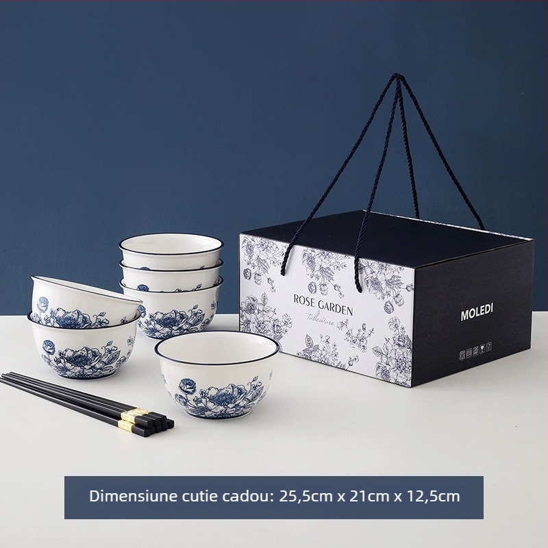Set de boluri din porțelan cu trandafiri albaștri în cutie cadou, veselă de masă modern minimalistă, 330 ml, lux discret