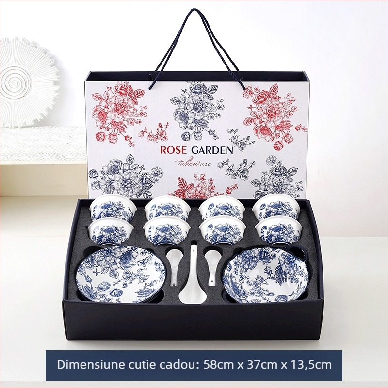 Set de boluri din porțelan cu trandafiri albaștri în cutie cadou, veselă de masă modern minimalistă, 330 ml, lux discret