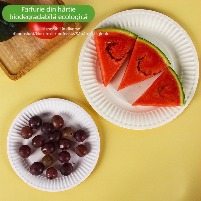 Farfurii de hârtie de unică folosință, biodegradabile din pastă, margine groasă, farfurie pentru prăjituri, 6–9 inchi (17–25 cm)
