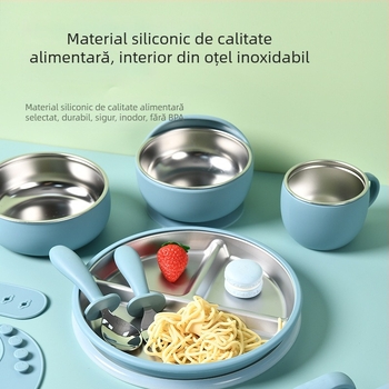 Set pentru hrănire copii din oțel inoxidabil: farfurie, bol, cană, bav din silicon, furculiță și lingură