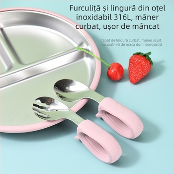 Set pentru hrănire copii din oțel inoxidabil: farfurie, bol, cană, bav din silicon, furculiță și lingură