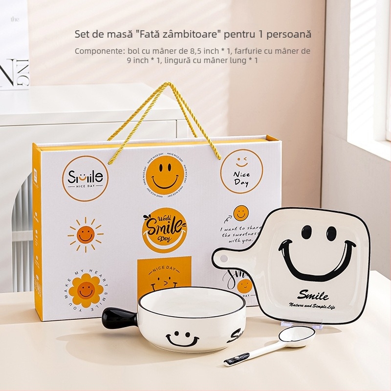Set de veselă ceramică creativ cu boluri zâmbitoare și farfurii cu mâner