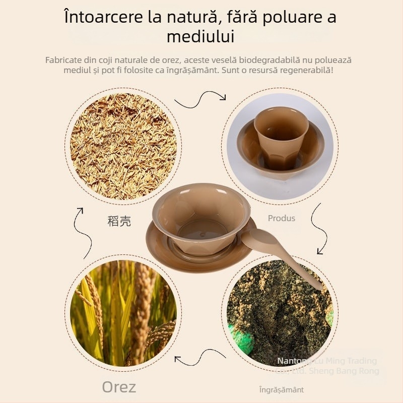 Veselă de unică folosință din coajă de orez, set de patru piese, biodegradabil pentru camping și masă, cu design îngroșat