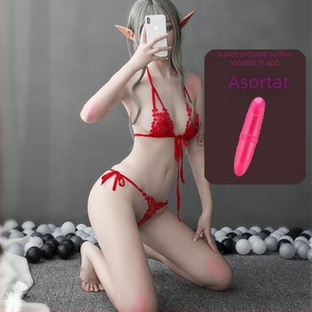 Set de lenjerie sexy: sutien push-up cu susținere metalică și design cu trei puncte, chiloți deschiși, plasă cu imprimeu floral, pijama seducătoare