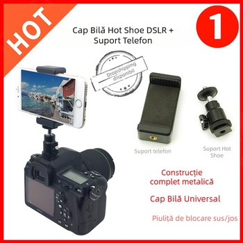 Stabilizator metalic pentru telefon cu hot shoe, cap sferic universal și clemă în formă de E, 360°