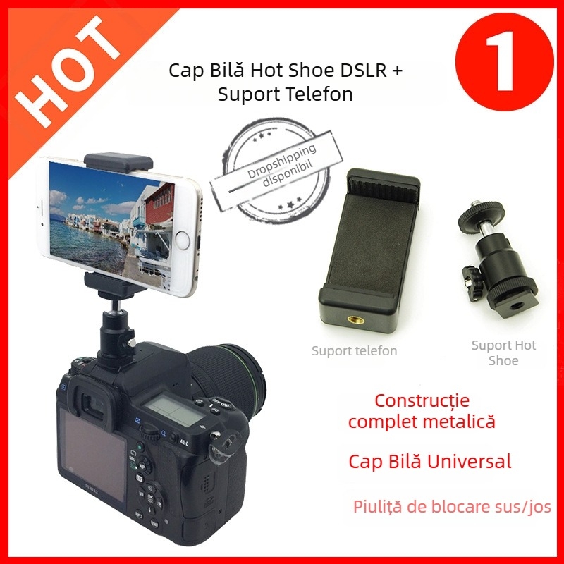 Stabilizator metalic pentru telefon cu hot shoe, cap sferic universal și clemă în formă de E, 360°