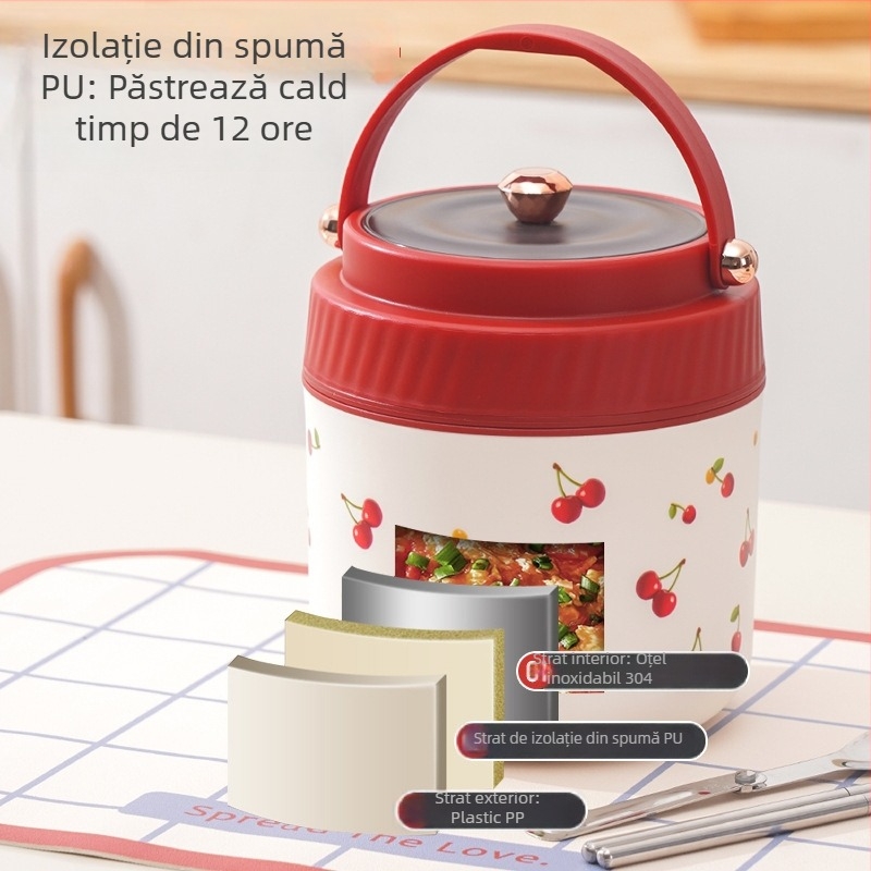 Cutie de prânz din oțel inoxidabil 316, portabilă, cu două niveluri izolate, rotundă, 1–2 L, menține caldă, pentru birou și studenți