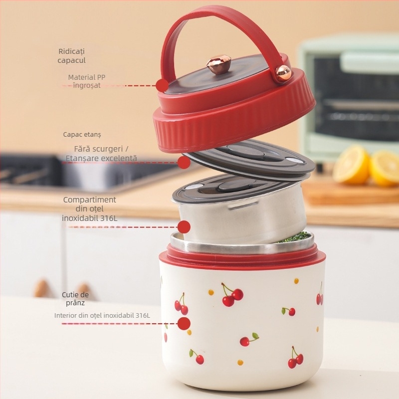 Cutie de prânz din oțel inoxidabil 316, portabilă, cu două niveluri izolate, rotundă, 1–2 L, menține caldă, pentru birou și studenți