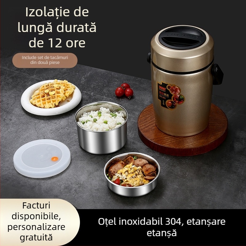 Cutie de prânz din oțel inoxidabil 304, izolație în vid, capacitate mare, compartimente în trei niveluri, cutie pentru prânz pentru elevi