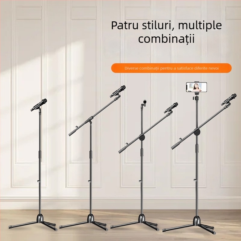 Trepied profesional pentru telefon mobil, ideal pentru streaming live, cu înălțime reglabilă și suport pentru microfon pe podea