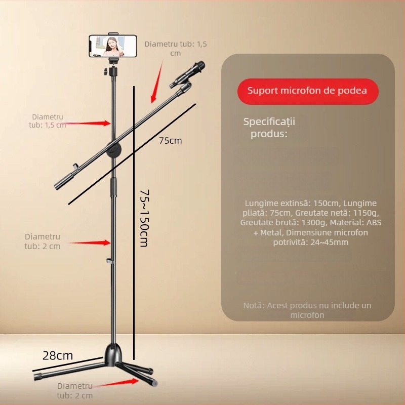 Trepied profesional pentru telefon mobil, ideal pentru streaming live, cu înălțime reglabilă și suport pentru microfon pe podea