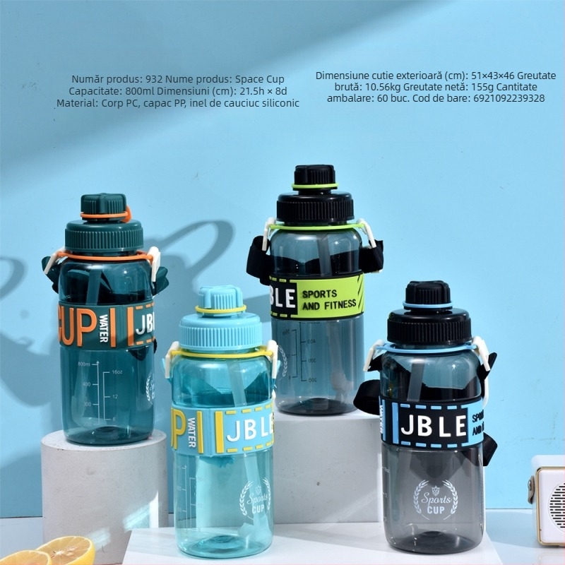Sticlă de apă pentru studenți, cu capacitate mare, bidon sport, cupă de fitness pentru băieți și fete, cupă în stil spațial, din plastic, extra mare, model portabil