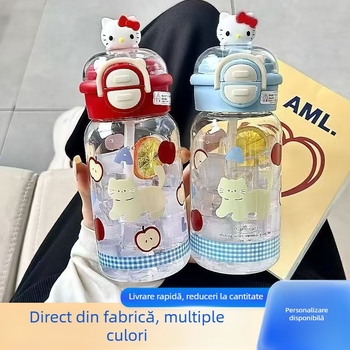 Cană de apă drăguță pentru elevi, cană din plastic portabilă pentru activități în aer liber, cană pentru copii cu design desen animat și pai