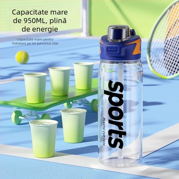 Cană plastică cu capacitate mare pentru două băuturi, pentru sport și activități în aer liber, cu mâner, capac cu deschidere rapidă și pai