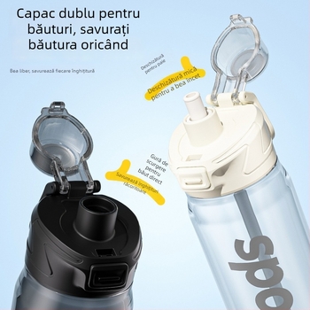 Cană plastică cu capacitate mare pentru două băuturi, pentru sport și activități în aer liber, cu mâner, capac cu deschidere rapidă și pai