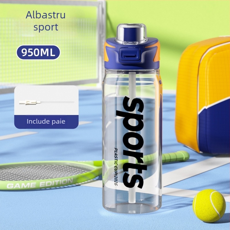 Cană plastică cu capacitate mare pentru două băuturi, pentru sport și activități în aer liber, cu mâner, capac cu deschidere rapidă și pai