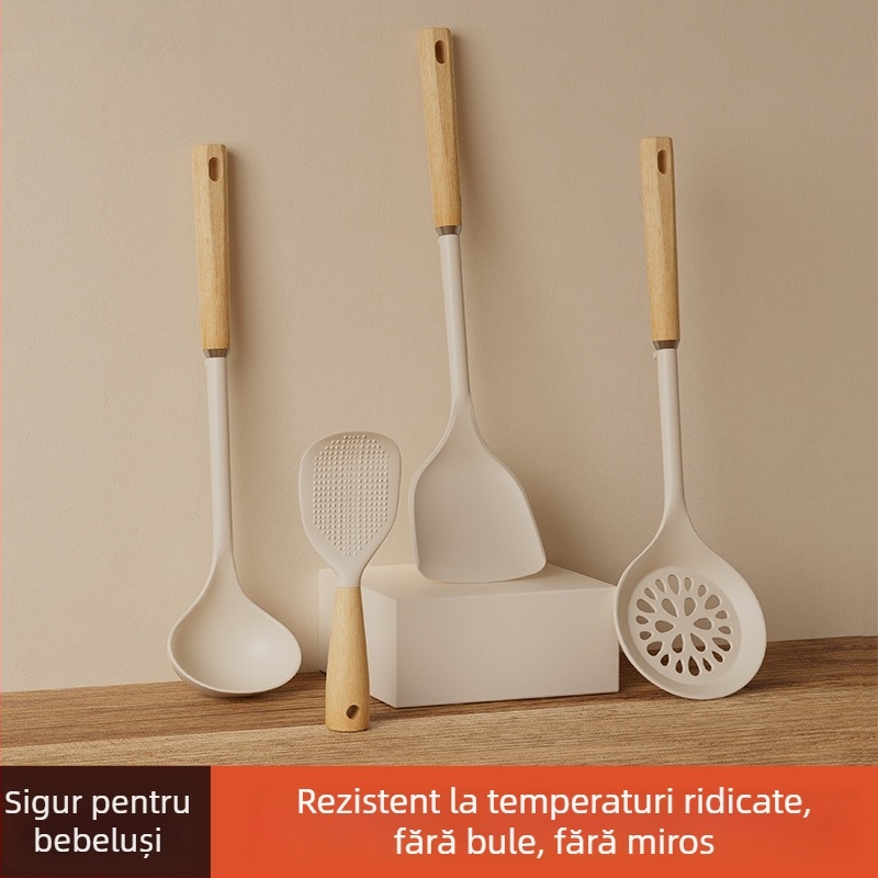 Set spatule din silicon, de înaltă temperatură, cu mânere din lemn, pentru bucătărie antiaderentă — lingură de supă și lingură de orez