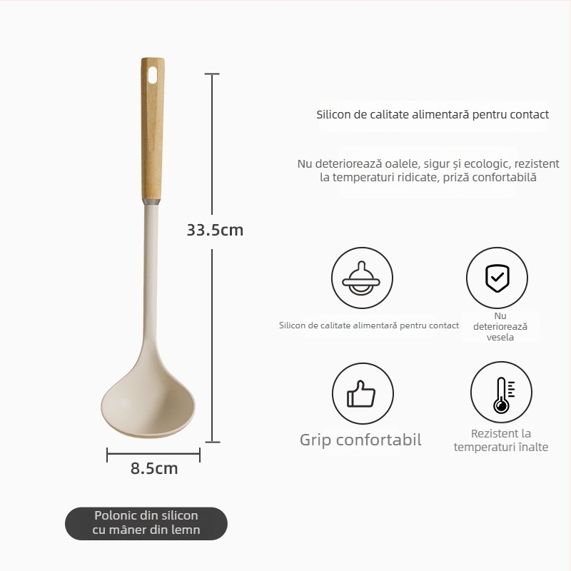 Set spatule din silicon, de înaltă temperatură, cu mânere din lemn, pentru bucătărie antiaderentă — lingură de supă și lingură de orez