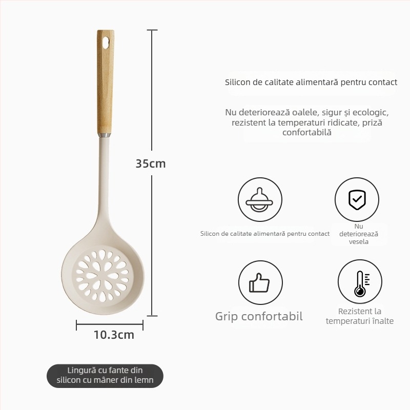 Set spatule din silicon, de înaltă temperatură, cu mânere din lemn, pentru bucătărie antiaderentă — lingură de supă și lingură de orez