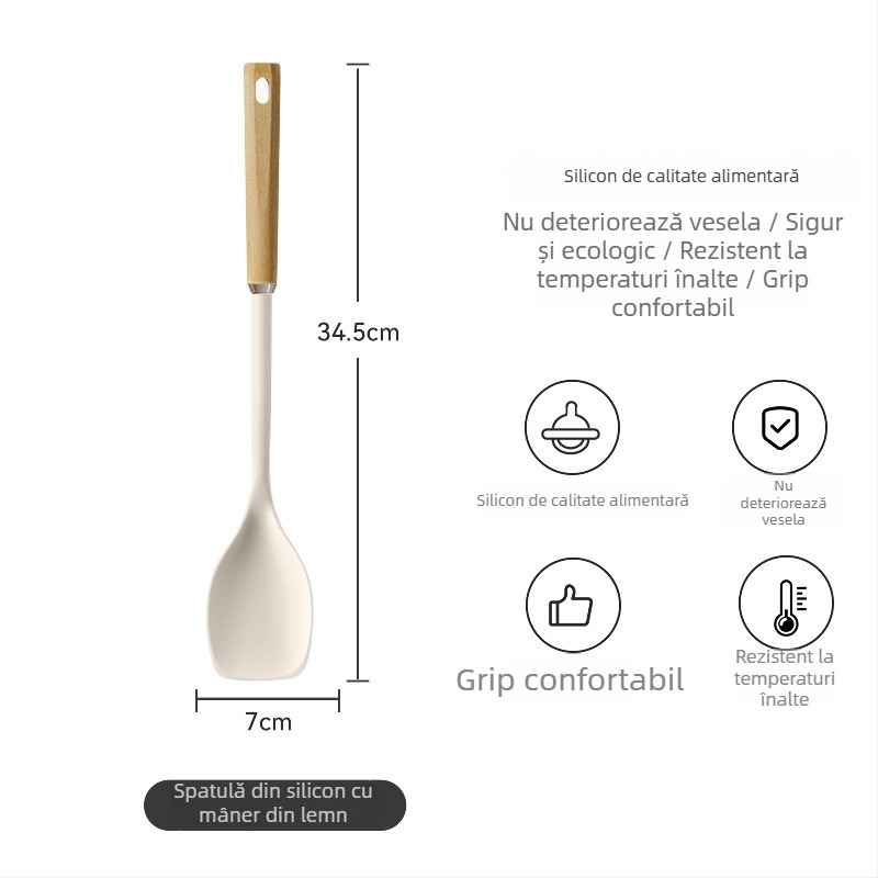 Set spatule din silicon, de înaltă temperatură, cu mânere din lemn, pentru bucătărie antiaderentă — lingură de supă și lingură de orez