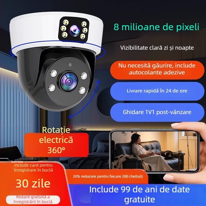 Cameră IP wireless HD pentru interior, viziune nocturnă la 360°, 3MP/5MP, carcasă ABS