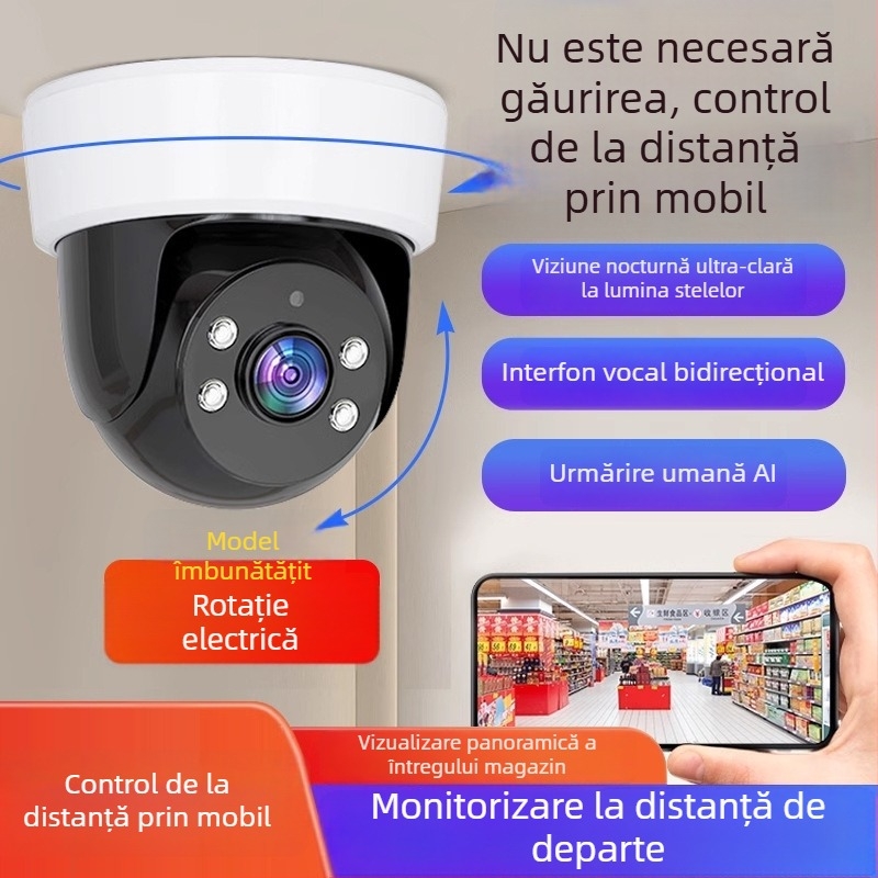 Cameră IP wireless HD pentru interior, viziune nocturnă la 360°, 3MP/5MP, carcasă ABS