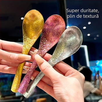 Lingură din titan pur, cu model de piatră în formă de inel și finisaj cristalin de gheață, cupă adâncă pentru supă, lingură de restaurant, lingură coreeană de desert