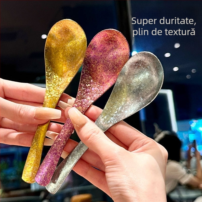 Lingură din titan pur, cu model de piatră în formă de inel și finisaj cristalin de gheață, cupă adâncă pentru supă, lingură de restaurant, lingură coreeană de desert